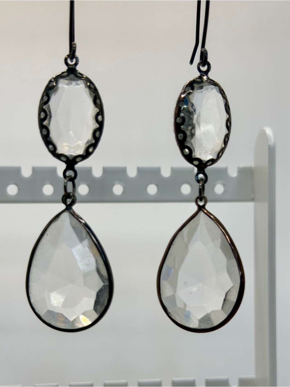 Faceted Clear Glass Teardrop Dangle Earrings | Dark Metal French Hooks